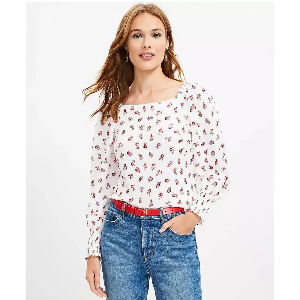 Loft Floral Puff Long Sleeve Square Neck Smocked Cuffs Romantic Blouse Small